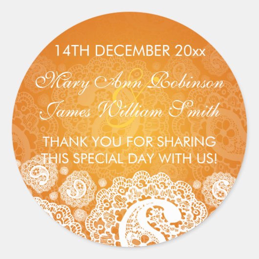 エレガントウェディングメッセージカードペイズリーレースオレンジ ラウンドシール (正面)