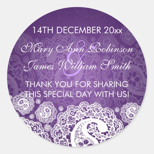 エレガントウェディングメッセージカードペイズリーレースパープル ラウンドシール (正面)