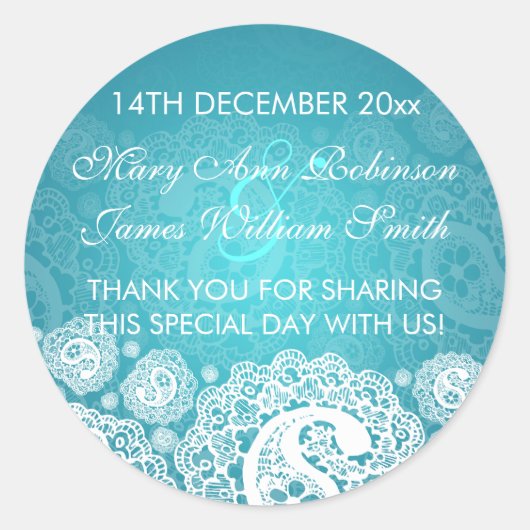 エレガントウェディングメッセージカードペイズリーレースブルー ラウンドシール (正面)