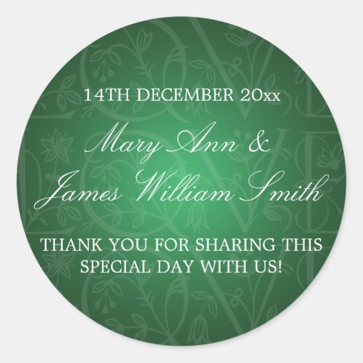 エレガントウェディングメッセージカードラブフローリッシュグリーン ラウンドシール (正面)
