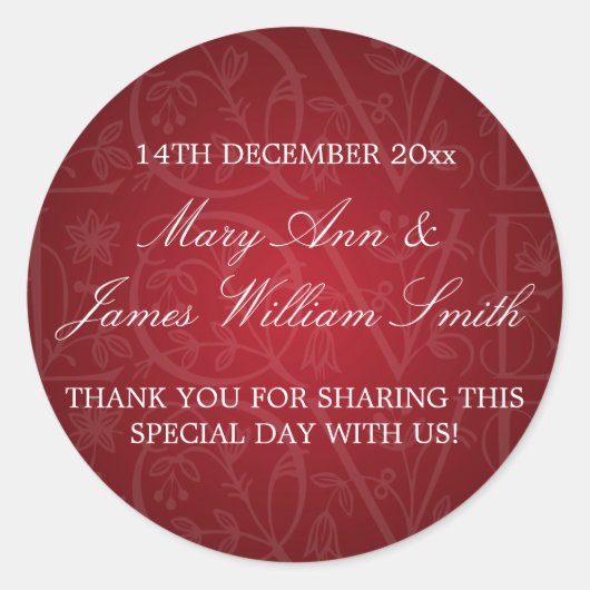 エレガントウェディングメッセージカードラブフローリッシュレッド ラウンドシール (正面)