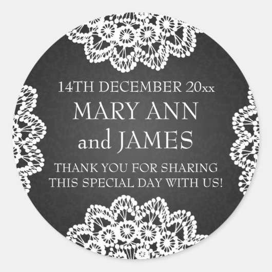 エレガントウェディングメッセージカードヴィンテージレースブラック ラウンドシール (正面)