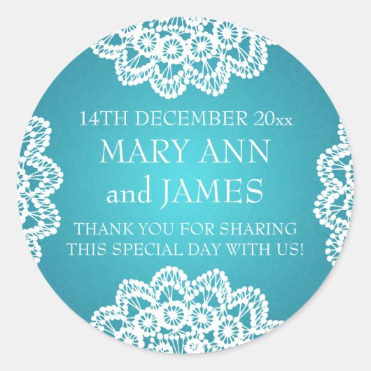 エレガントウェディングメッセージカードヴィンテージレースブルー ラウンドシール (正面)