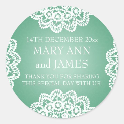 エレガントウェディングメッセージカードヴィンテージレースミントグリーン ラウンドシール (正面)