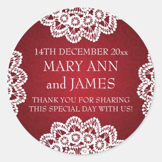 エレガントウェディングメッセージカードヴィンテージレースレッド ラウンドシール (正面)