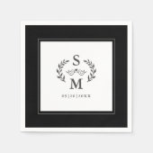 エレガントウェディングモノグラムクレストリース白黒 スタンダードカクテルナプキン (正面)