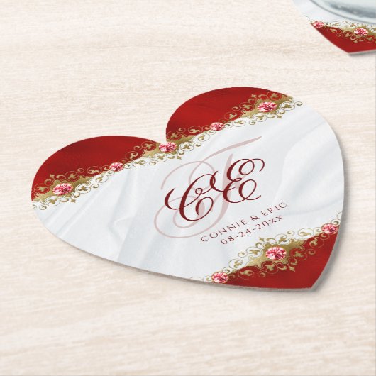 エレガントウェディングモノグラムレッド金ゴールドフローラ ペーパーコースター (アングル)