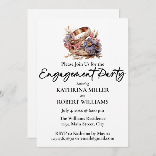 エレガントウェディングリングや輪、婚約パーティ 招待状 (正面/裏面)