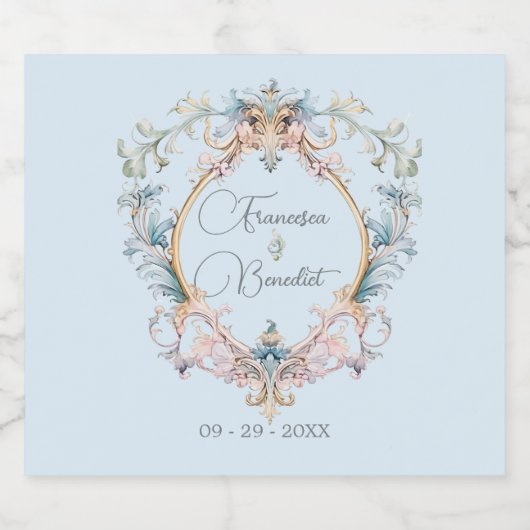 エレガントウェディングリージェンシーブルーヴィンテージクレストカスタム スパークリングワインラベル (シングルラベル)