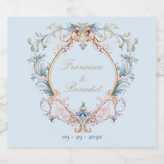 エレガントウェディングリージェンシーブルーヴィンテージクレストカスタム スパークリングワインラベル (シングルラベル)