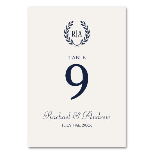 エレガントウェディングリースモノグラムネイビークリーム テーブルナンバー (正面)