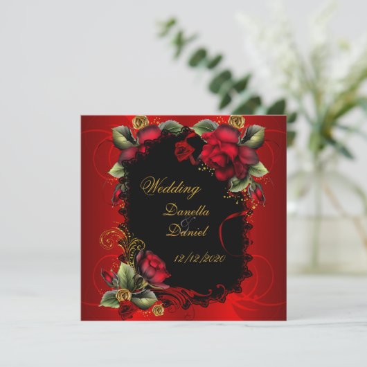 エレガントウェディングレッドローゼス金ゴールド 招待状 (スタンド正面)