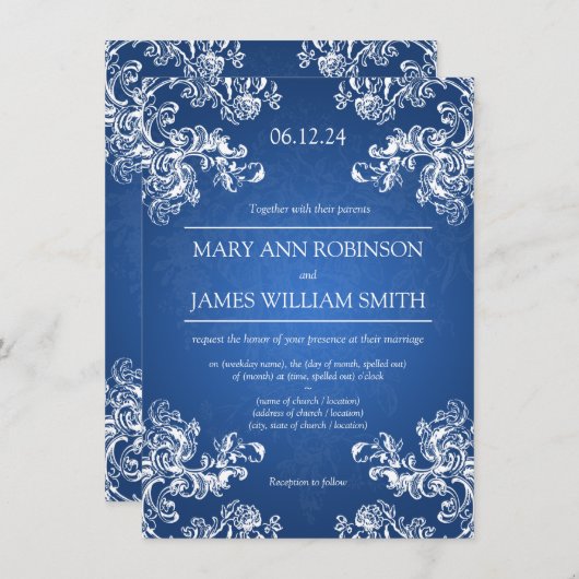 エレガントウェディングヴィンテージスワーズ2サファイアブルー 招待状 (正面/裏面)