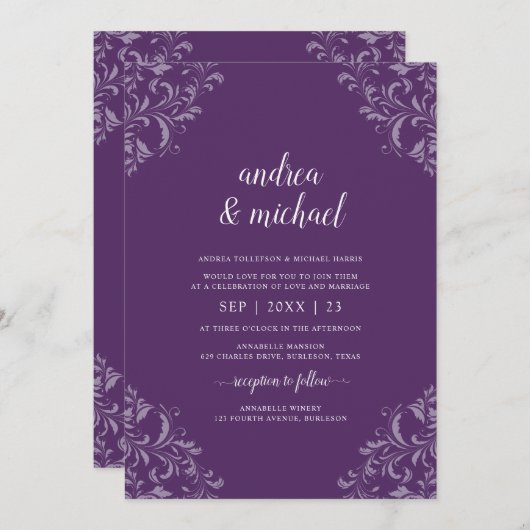 エレガントウェディングヴィンテージプラム/パープルラグジュアリー 招待状 (正面/裏面)