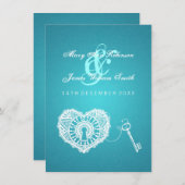 エレガントウェディング披露宴鍵トゥルコイスハート 招待状 (正面/裏面)