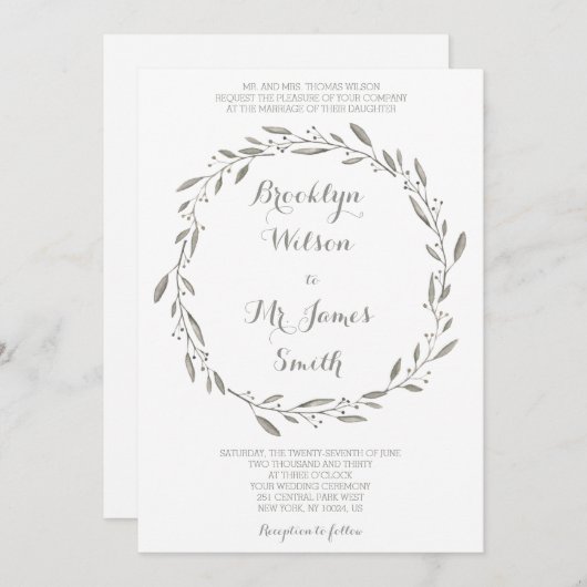 エレガントウェディング招待状グレーフローラリース 招待状 (正面/裏面)