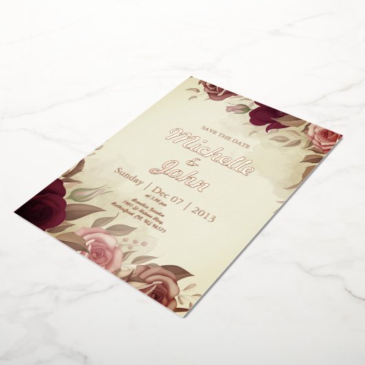 エレガントウェディング招待状バラフラワーレッド 箔招待状 (回転した状態)