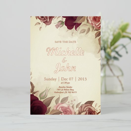 エレガントウェディング招待状バラフラワーレッド 箔招待状 (立ち正面)