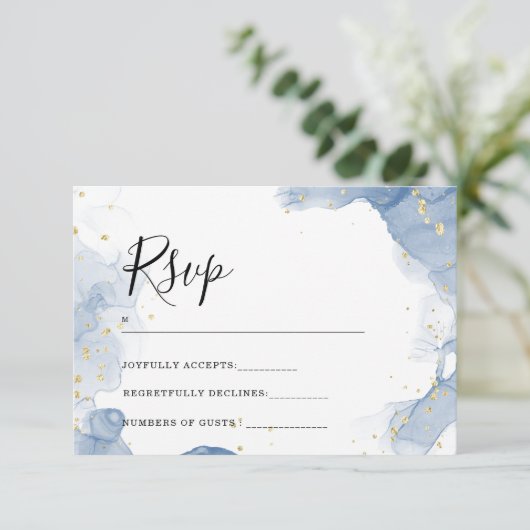 エレガントウェディング招待状ブルーと金ゴールド ミニマル (スタンド正面)