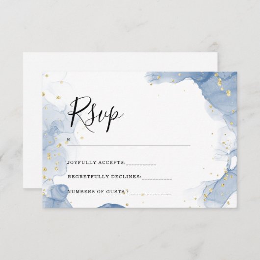 エレガントウェディング招待状ブルーと金ゴールド ミニマル (正面/裏面)