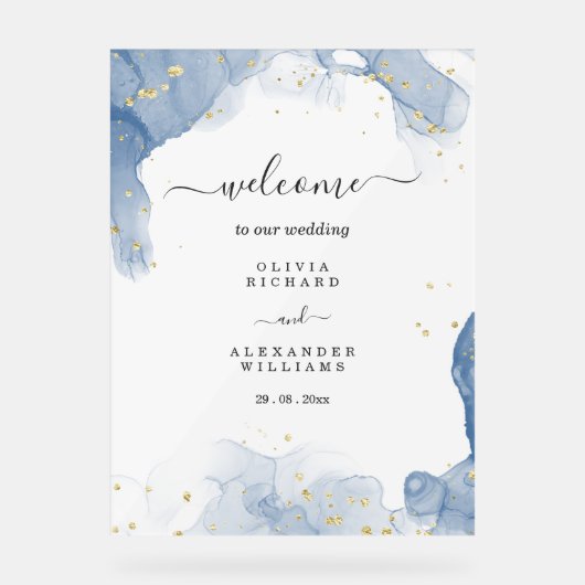エレガントウェディング招待状ブルーと金ゴールド ミニマル アクリルサイン (正面)
