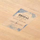 エレガントウェディング招待状ブルーと金ゴールド ミニマル アクリル招待状 (レイダウン)