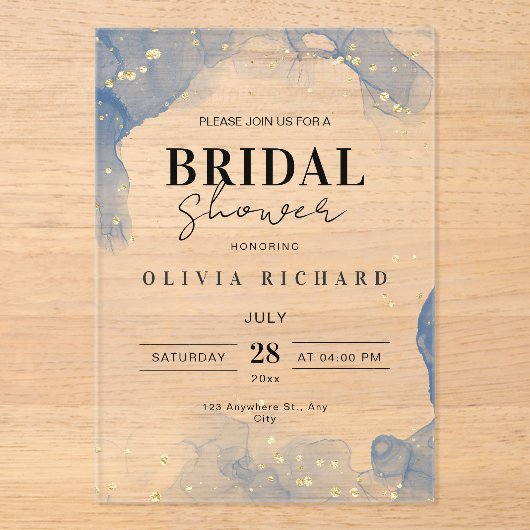 エレガントウェディング招待状ブルーと金ゴールド ミニマル アクリル招待状 (正面)