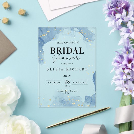 エレガントウェディング招待状ブルーと金ゴールド ミニマル アクリル招待状 (インサイチュ (ウェディング))