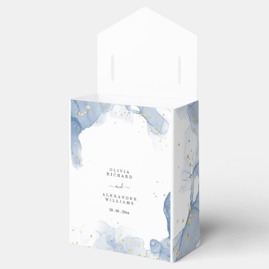 エレガントウェディング招待状ブルーと金ゴールド ミニマル フェイバーボックス (オープン)