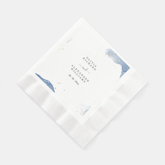 エレガントウェディング招待状ブルーと金ゴールド ミニマル 縁ありランチョンナプキン (角)