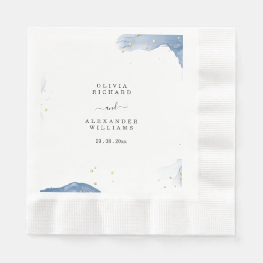 エレガントウェディング招待状ブルーと金ゴールド ミニマル 縁ありランチョンナプキン (正面)