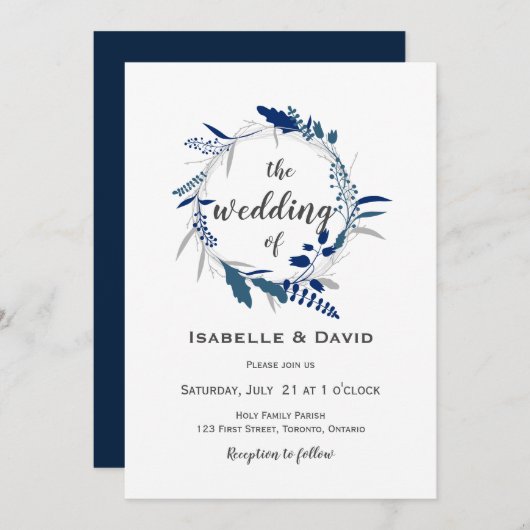 エレガントウェディング招待状ミッドナイトブルーフローラ 招待状 (正面/裏面)