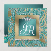 エレガントウェディング招待状リーフフローラティール(緑がかった色)スパークル 招待状 (正面/裏面)