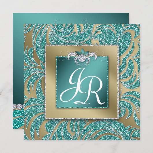 エレガントウェディング招待状リーフフローラティール（緑がかった色）スパークル 招待状 (正面/裏面)