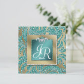 エレガントウェディング招待状リーフフローラティール(緑がかった色)スパークル 招待状 (スタンド正面)