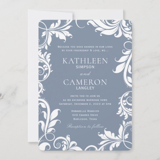 エレガントウェディング招待状 |つる植物(ほこりっぽい青) 招待状 (正面)