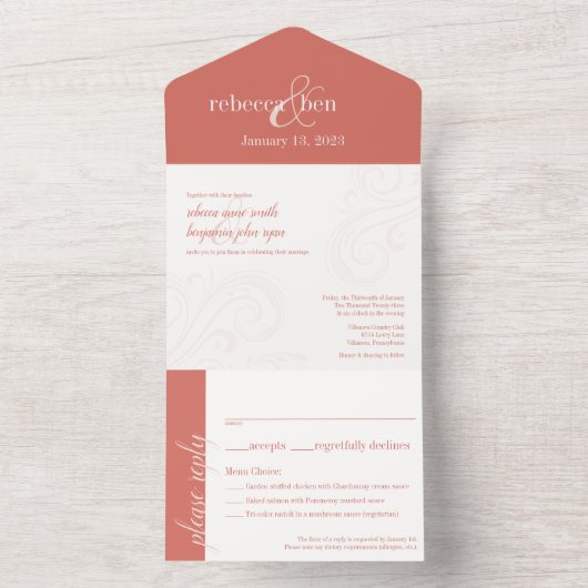 エレガントウェディング招待状、コーラルオールインワン オールインワン招待状 (内側)