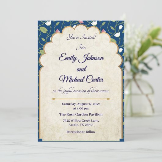 エレガントウェディング招待状 | ネイビーブルー&金ゴールド 招待状 (スタンド正面)