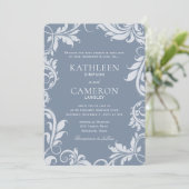 エレガントウェディング招待状 |葉 |ほこりっぽい青 招待状 (スタンド正面)