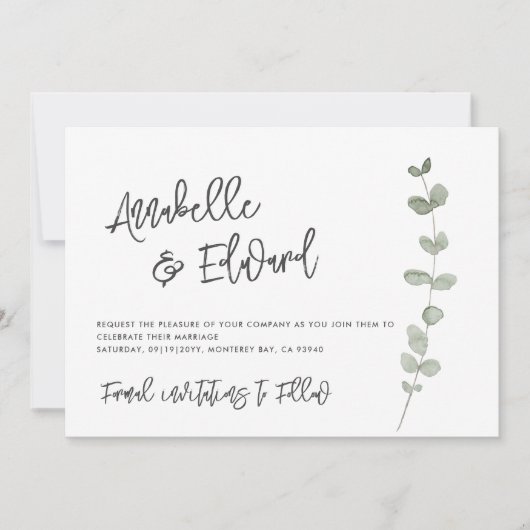 エレガントウェディング日付eucalyptus写真を保存 招待状 (正面)