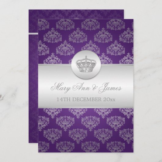 エレガントウェディング王室のクラウンパープル 招待状 (正面/裏面)