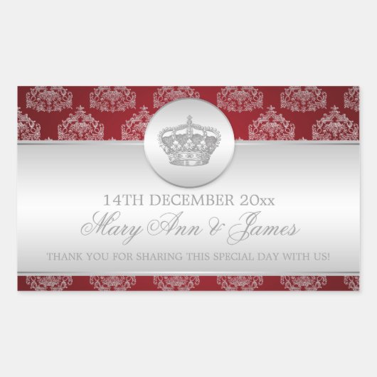 エレガントウェディング王室のメッセージカードクラウンレッド 長方形シール (正面)