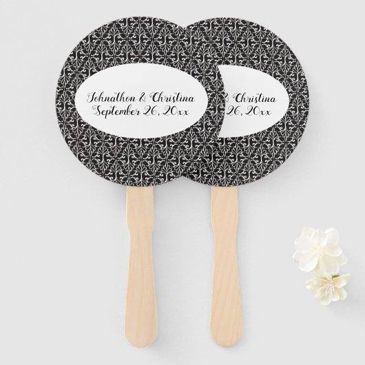 エレガントウェディング白黒スクロードダマスク ハンドファン (正面&裏面)