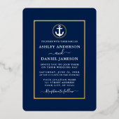 エレガントウェディング航海のいかりネービーブルー金ゴールド 箔招待状 (正面)