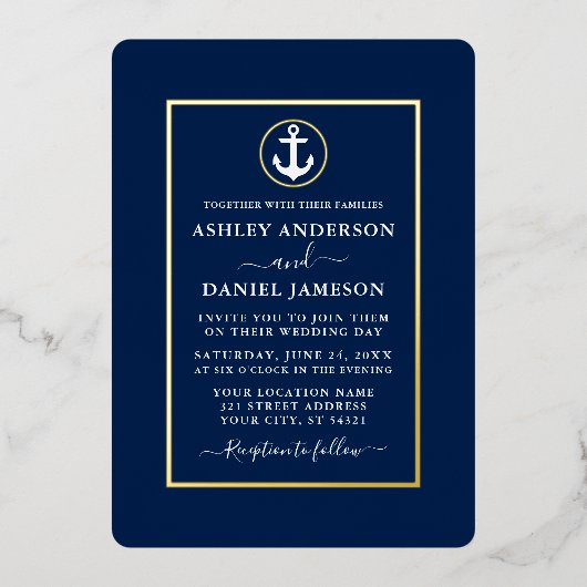 エレガントウェディング航海のいかりネービーブルー金ゴールド 箔招待状 (正面)