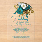 エレガントウェディング華美ティール（緑がかった色）ホワイト金ゴールド花 アクリル招待状 (正面)