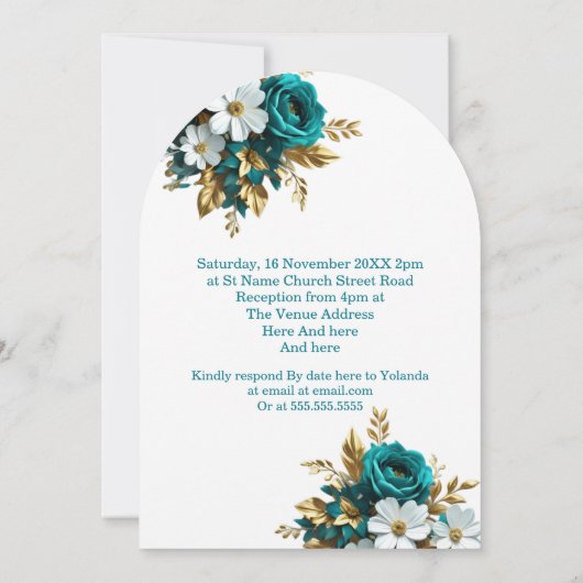 エレガントウェディング華美ティール(緑がかった色)ホワイト金ゴールド花 招待状 (裏面)