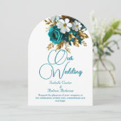 エレガントウェディング華美ティール(緑がかった色)ホワイト金ゴールド花 招待状 (スタンド正面)