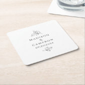 エレガントウェディング葉ズ名前&日付白黒 スクエアペーパーコースター (アングル)