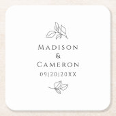 エレガントウェディング葉ズ名前&日付白黒 スクエアペーパーコースター (正面)
